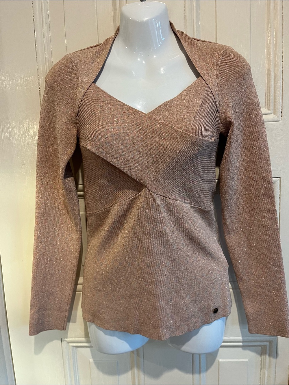 TED BAKER LONDON Sparkly Rose Gold Long Sleeve Stretch Sweater Fits US Med NWT